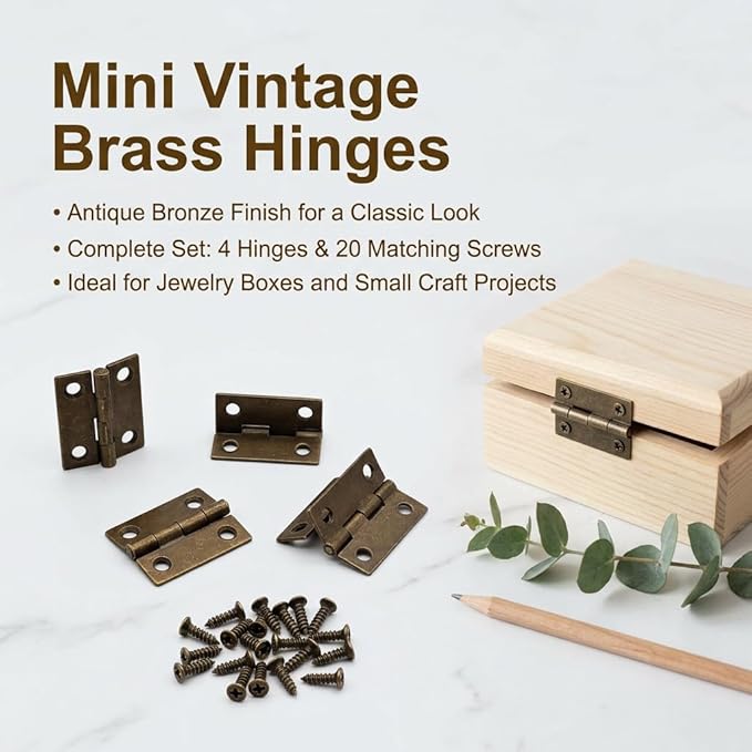4 Pcs Mini Brass Hinges for Wooden Boxes, Small Folding Butt Hinges for Jewelry Box, Cabinet, Drawer and Craft Projects, Durable Decorative Hinges with Screws(20cps) for DIY Cases and Furniture