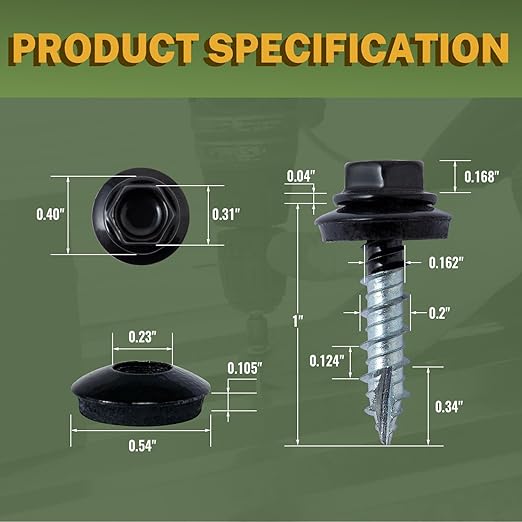 LIONMAX Metal Roofing Screws #10 x 1 Inch, 300-PCS, Black Painted Hex Head Sheet Metal Roof Screws, Rubber Washer, Sharp Point, Metal to Wood Siding Screws, Hex Socket Included