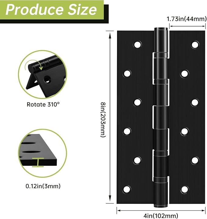 8" Ball Bearing Door Hinges 2 Pack, Heavy Duty Stainless Steel Hinge 8 x 4 Inch for Interior Exterior Doors, with Stainless Steel Screws, Matte Black
