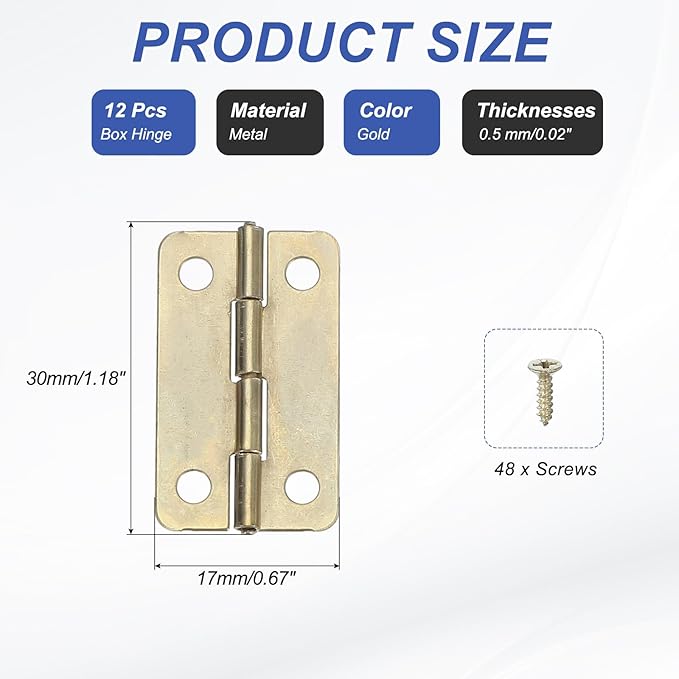 MECCANIXITY Small Butt Hinges 1-1/2 Inch Mini Jewelry Box Hinge with Screw for Jewelry Wooden Boxes Cabinet Drawer Doors Gate (Gold Tone, Pack of 12)