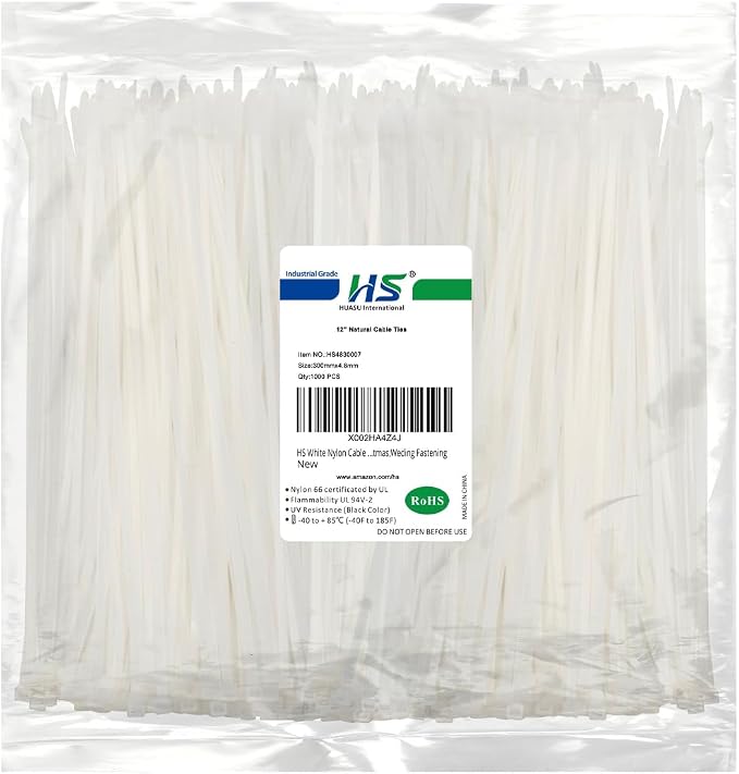 HS White Nylon Cable Ties 12 Inch Zip Ties (1000 Pack) 50 LBS Heavy Duty Clear Zip Ties 12in Plastic Ties Straps for Electrical,Christmas,Weding Fastening