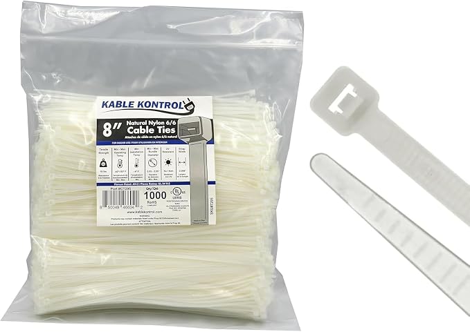 Kable Kontrol Cable Zip Ties Natural White 1000 Pcs 8 Inch, 18 Lbs Tensile Strength, Self-locking Natural Nylon Clear Plastic Wire Ties wraps for Indoor or Outdoor Use