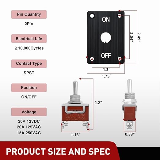 Nilight Heavy Duty Toggle Switch Waterproof 2 Pin 2 Position ON Off SPST 12V DC 30A with Mounting Panel and Weatherproof Cap Cover for Auto Car Marine Boat Automotive