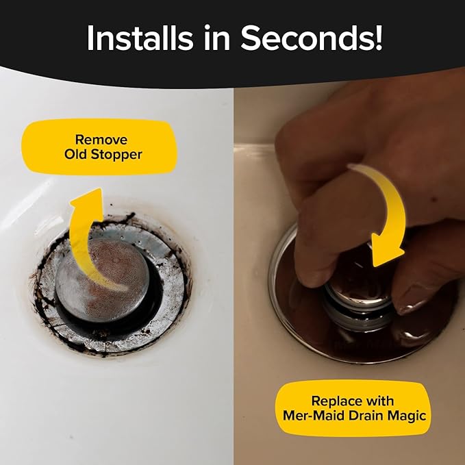 Mer-Maid Drain Magic Universal Sink Stopper, AS-SEEN-ON-TV, Replace Broken or Missing Stoppers, Push to Fill & Drain, Catches Hair & Prevents Clogs,Silicone Seal, Instant Install, No Tools, 2 Pack