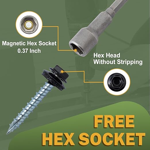 LIONMAX Metal Roofing Screws #14 x 1 Inch, 300-PCS, Black Painted Hex Head Sheet Metal Screw with Rubber Washer, Sharp Point, for Roofing and Siding, Hex Socket Included