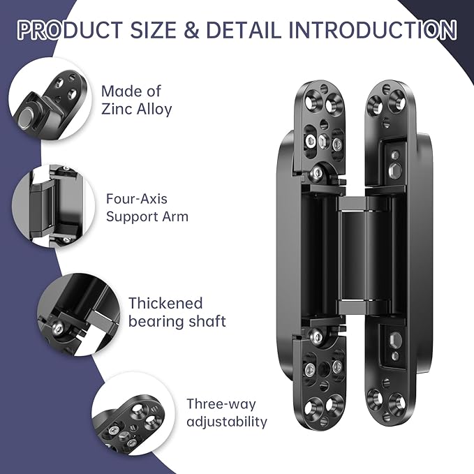4-Pack 6 inch Hinge for Doors Invisible Hinges Concealed Hinges Zinc Alloy 180 Degree Swing Hinge 3 Way Adjustable Butt Silent Door Hinge 6 x 2.5 x 1 inch (Black)