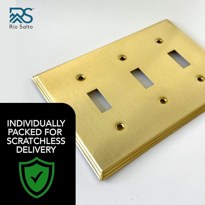 Rio Salto BRASS Toggle Light Switch Cover Plate 3-Gang Toggle Switch Plate Brushed Gold Metal Outlet Covers Decorative Wall Plate — Deco Collection 6.33" X 4.50"