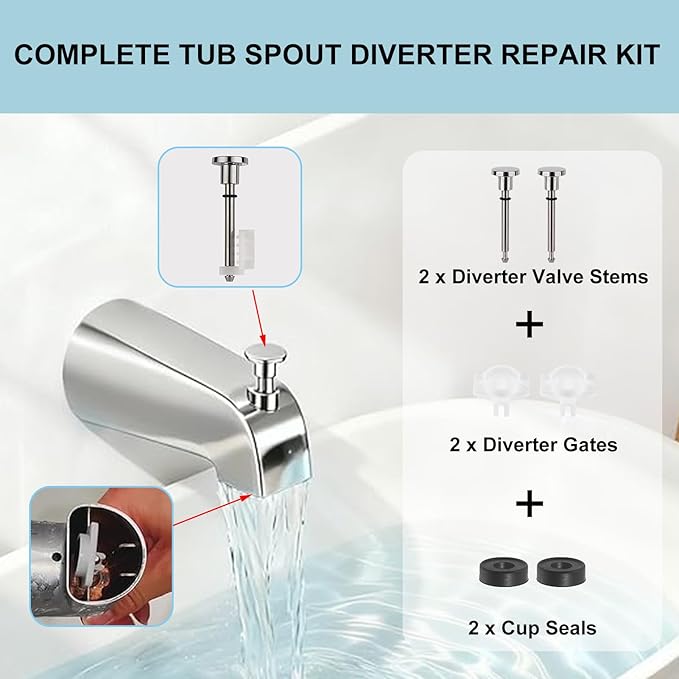 2 Set Universal Tub Spout Diverter Repair Kit Parts, Includes 2 x Diverter Valve Stems, 2 x Cup Seals and 2 x Gates, Bathroom Shower Bathtub Leaky Faucet Repair Replacement Parts (Classic,Chrome)