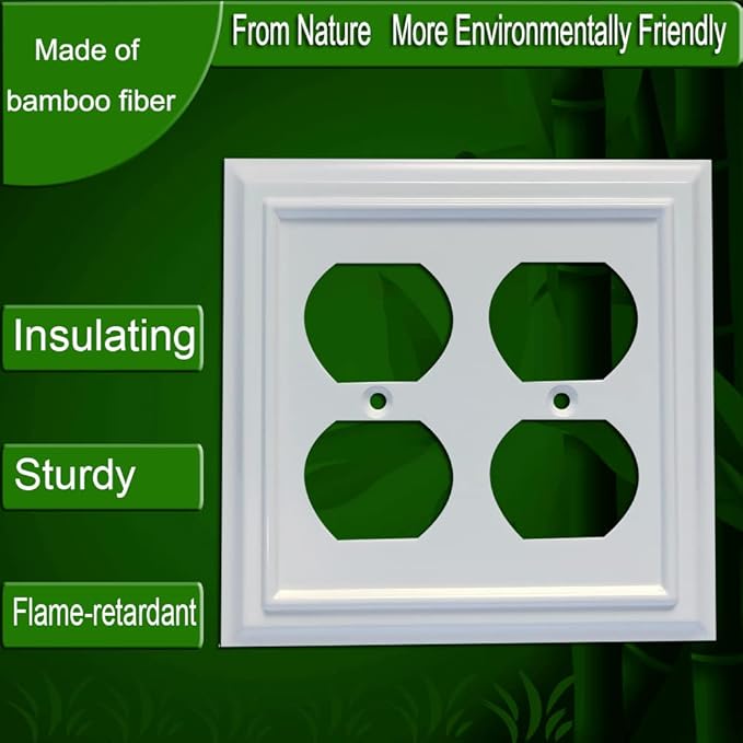 Wall Plates, Duplex Outlet Covers, Toggle Light Switch Plates, Decorator Light Switch Cover, Bamboo Fiber Material Wall Plate, Standard Size Wall Plates of various styles, White (2 Gang Duplex 2 Pack)