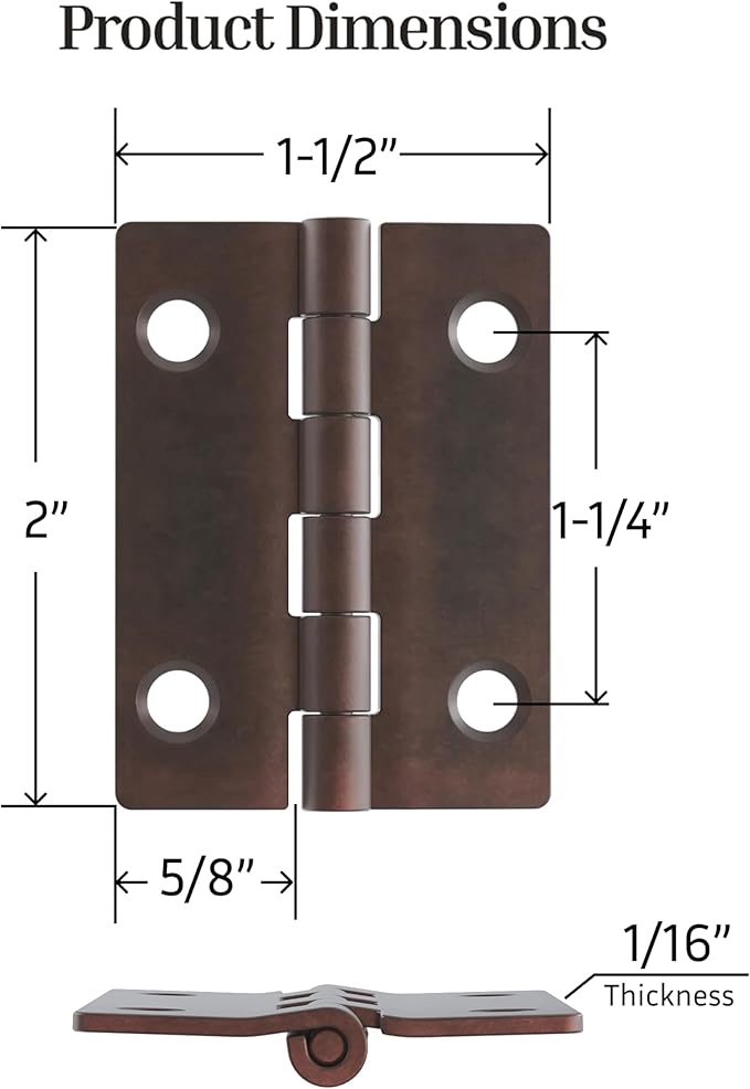 Antique Copper Butt Hinges - 2" x 1-1/2" - Pack of 20 - Flush Mount Cabinet Door Hinges - Antique Furniture Hardware - BH7-SAC (10)