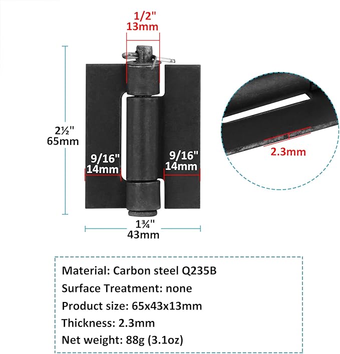20 Pack Weldable Hinges, 2-1/2" x 1-5/8" Mini Weld On Butt Hinge for Metal Gate, BBQ Smoker, 2.3 mm Thick