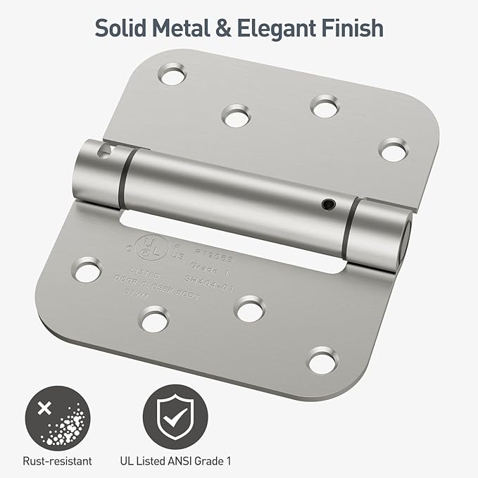 HOSOM Self Closing Spring Loaded Hinges, 4 Inch, Adjustable Tension for Garage, Front, Back Door, UL Listed, Left and Right Hand, 5/8'' Radius Corners, Brushed Nickel, 2 Pack