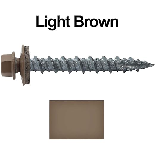 Metal Roofing Screws: (250) 10 x 1-1/2" Light Brown Hex Head Sheet Metal Roof Screw. Self Starting Metal to Wood siding Screws. EPDM Washer. Colored Head