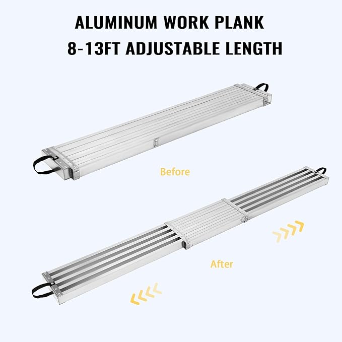 8-13ft Telescoping Work Plank, Aluminum Adjustable Scaffold Platform with Skid-Proof Surface, Ladder Accessory, 440 lbs Capacity, Extension Plank for Safe Work