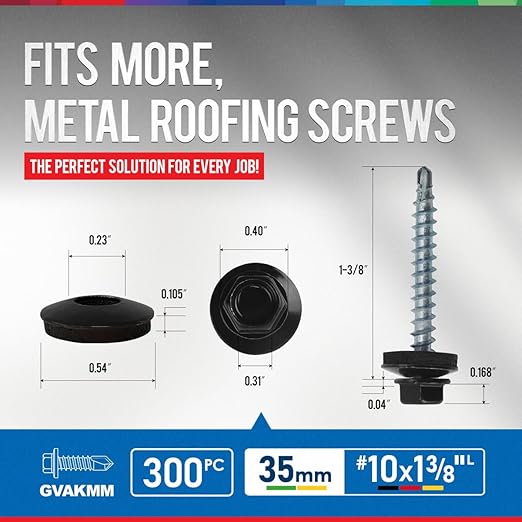 300Pcs #10 x 1-3/8" Black Metal Roofing Screws, Hex Colored Head Self-Drilling Metal to Wood Siding Fasteners, in Reusable Storage Case, Hex Driver Bit Included