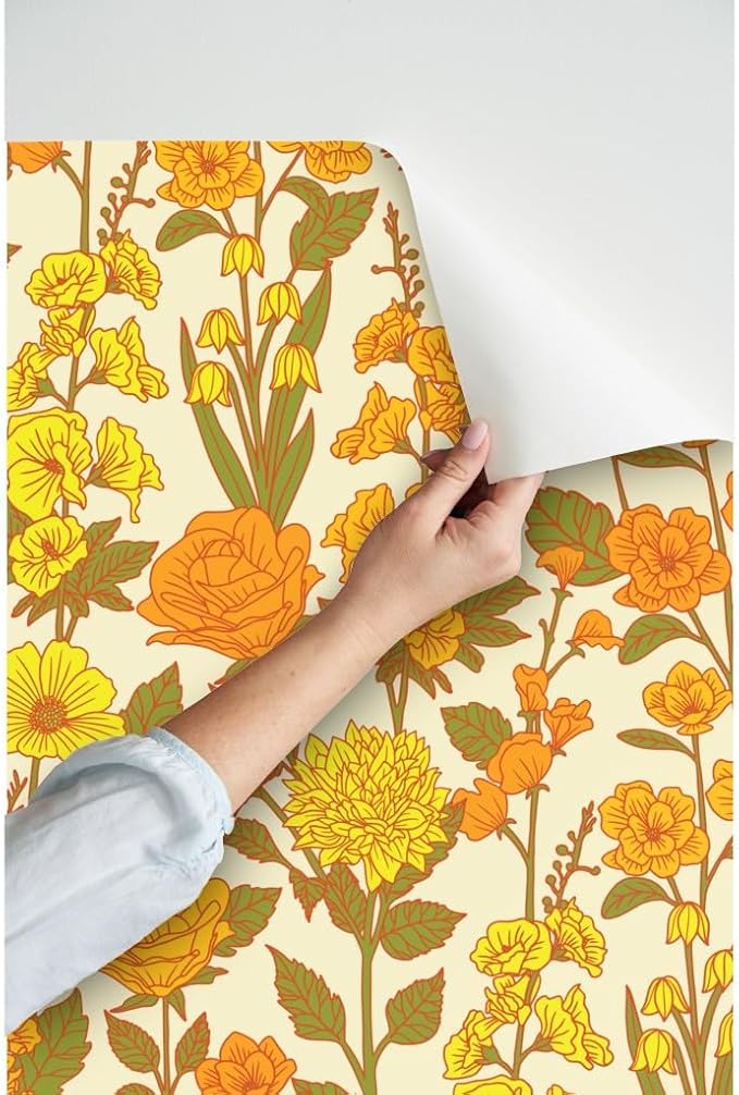 Spoonflower Retro Floral Yellow Pre-Pasted Removable Wallpaper | Roll 24" x 36" | Orange Green 1970S Flowers Botanical | Self-adhesive, removable and renter-friendly