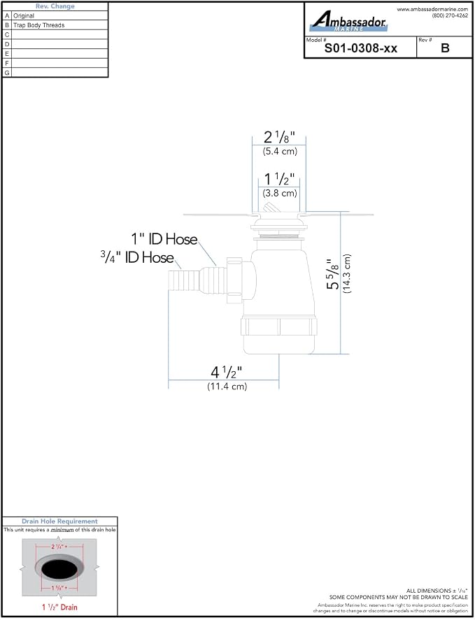 Ambassador Marine - 1-1/2 inch Drain, Flip Trap Sink Drain - no Overflow, 3/4 inch & 1 inch Hose Barb - Chrome - S01-0308-CP-W