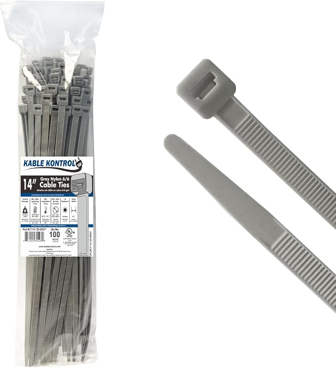 Kable Kontrol Cable Zip Ties, 14 Inch, 100 Pcs, HD 120lbs Test, Gray | Nylon Plastic, Self Locking, UL Listed, Indoor Use