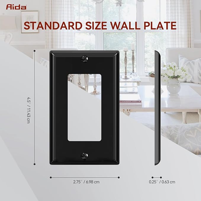 AIDA 1-Gang Standard Light Switch Cover Plate, Decorative Outlet Covers, Glossy Black, 50-Pack Unbreakable Polycarbonate Wall Plates for Decorator Device, UL Listed, 4.5" H x 2.75" L