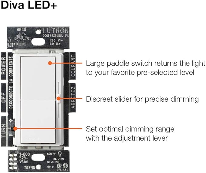 Lutron Diva LED+ Dimmer Light Switch for Dimmable LED, Halogen, and Incandescent Bulbs, 150 Watt, Single-Pole or 3-Way, DVWCL-153PH-2-WH, White (2-Pack) with Wallplate