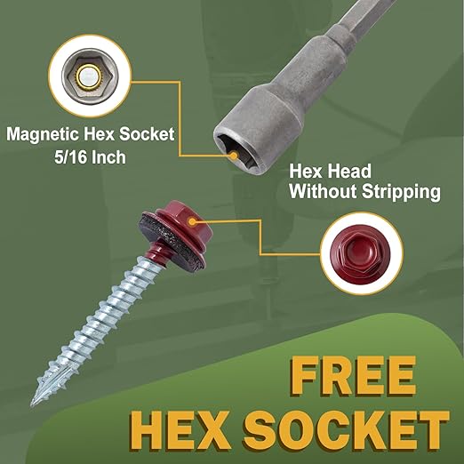 LIONMAX Metal Roofing Screws #10 × 2-1/2 Inch, 300-PCS, Dark Red Painted Hex Head Sheet Metal Roof Screws, Rubber Washer, Sharp Point, Metal to Wood Siding Screws, Hex Socket Included
