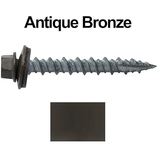 10 x 1-1/2" Antique Bronze Metal Roofing Screws - Hex Washer Head- Self-Starting/Tapping - EPDM Washer. 8 X 250 Bags - 2,000 Screws