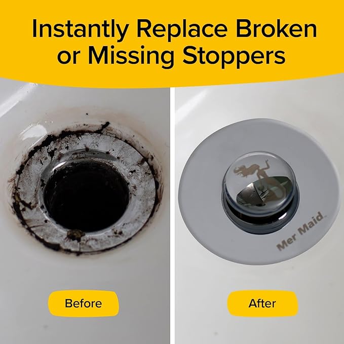 Mer-Maid Drain Magic Universal Sink Stopper, AS-SEEN-ON-TV, Replace Broken or Missing Stoppers, Push to Fill & Drain, Catches Hair & Prevents Clogs,Silicone Seal, Instant Install, No Tools, 2 Pack