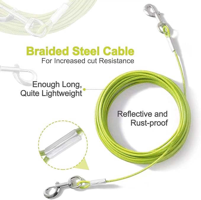 Tie Out Cable for Dogs,10/20/30/50/100FT Dog Leads for Yard Chew Proof,Heavy Duty Tie Out Cable for Large Dogs Up to 125lbs,Dog Runner Tether (Green, 125Ibs 150ft)