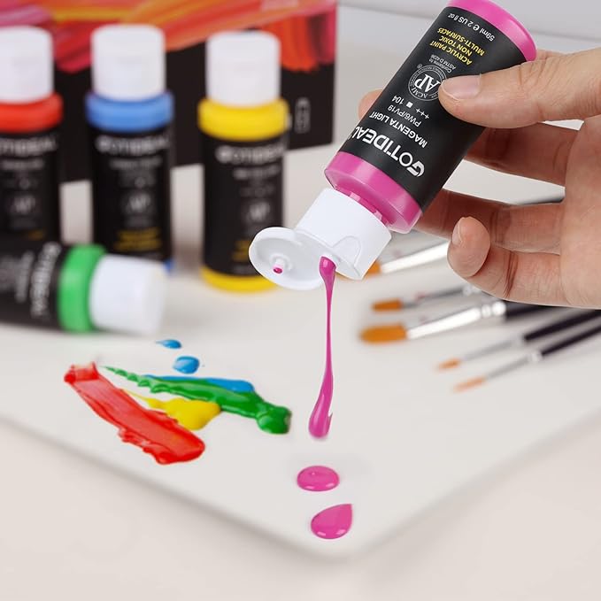 GOTIDEAL Acrylic Paint Set with 10 Brushes, 18 Colors Outdoor/Indoor (59ml, 2 oz) Art Craft Paint Non Toxic, Perfect for Hobby, Artist, Adults, Ideal for Canvas Wood Clay Ceramic Paint Supplies