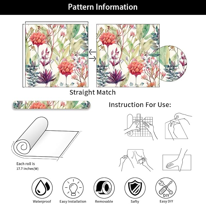 Watercolor Purple/Red/Green Grass Wildflower Floral Peel and Stick Wallpaper Wall Decor Self Adhesive Wall Paper Stick on Easy Peel Off Contact for Renter Apartment