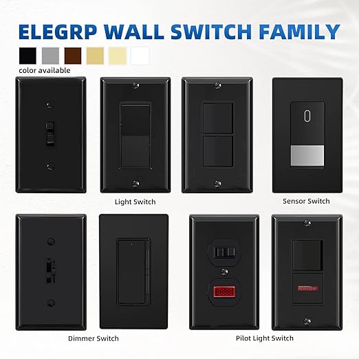 ELEGRP 3 Way Toggle Light Switch with Plate - 15 Amp, 120V Quiet AC Switch - In Wall On/Off, Self-Grounding - Residential & Commercial Grade, UL Listed (5 Pack, Glossy Black)