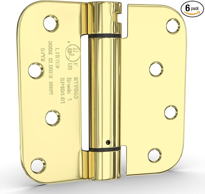 goldenwarm 6 Pack 4 Inch Polished Brass Self Closing Door Hinges with 5/8'' Radius Corners - Adjustable Tension Soft Close Hinges for Interior/Exterior Doors, Durable & Quiet Closure