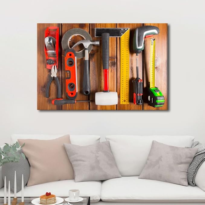 Big Wall Art for Living Room Wall Decor Blue Background House Renovation Tools and Accessories Top View Poster, Canvas Supermarket Hotel Tool Room Hardware Store Wall Decor 1 Panels (24"Wx36"H)