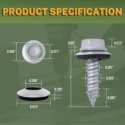 LIONMAX Metal Roofing Screws #14 x 1 Inch, 300-PCS, Rustproof Coating Hex Head Sheet Metal Screw with Rubber Washer, Sharp Point, for Roofing and Siding, Hex Socket Included