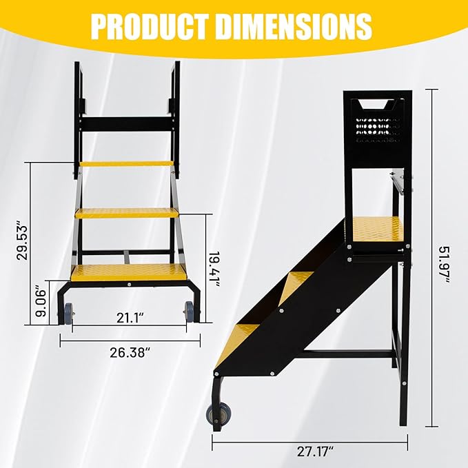 3-Step Steel Ladder with Wheels & Handrails, 440 lbs Load Capacity Heavy Duty Rolling Stairs with Tool Panels, 30" Top Step Height, Non-Slip Pedal Mobile Step Stool for Industrial & Warehouse