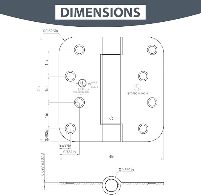 Self Closing Hinge Satin Brass Auto Close Hardware Hinge Outlet Adjustable Spring Hinges Satin Hinges 5/8" Radius Corner for Commercial Grade Self-Closing, UL Listed 3 Pack