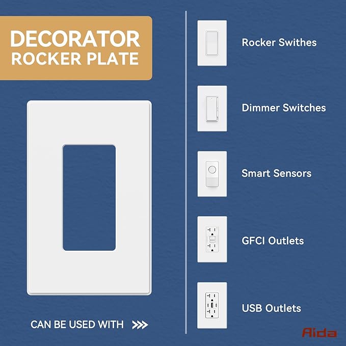 AIDA 1-Gang Midsize Screwless Light Switch Cover Plate, Decorative Outlet Covers - Matte White, 10-Pack Screwless Unbreakable Polycarbonate Wall Plates for Decorator Device, UL Listed