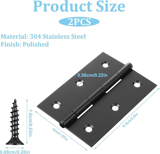 2 Pcs 2.5" Stainless Door Hinges,Stainless Steel Folding Butt Hinge Door Hinges with 12pcs Screws for Doors Windows Wooden Boxes (Black)