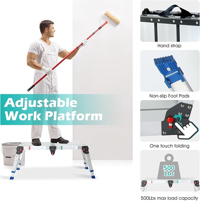 LEADALLWAY Portable Work Platform Height Adjustment 33"(L) x12(W) x20(H) Foldable Step Stool Aluminum Platform Ladder with One-Touch Automatic Fold 330 Lbs Capacity