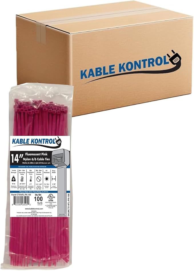 Kable Kontrol Cable Zip Ties, 14 Inch, 6000 Pcs, 50lbs Test, FL Pink | Nylon Plastic, Self Locking, UL Listed, Indoor Use