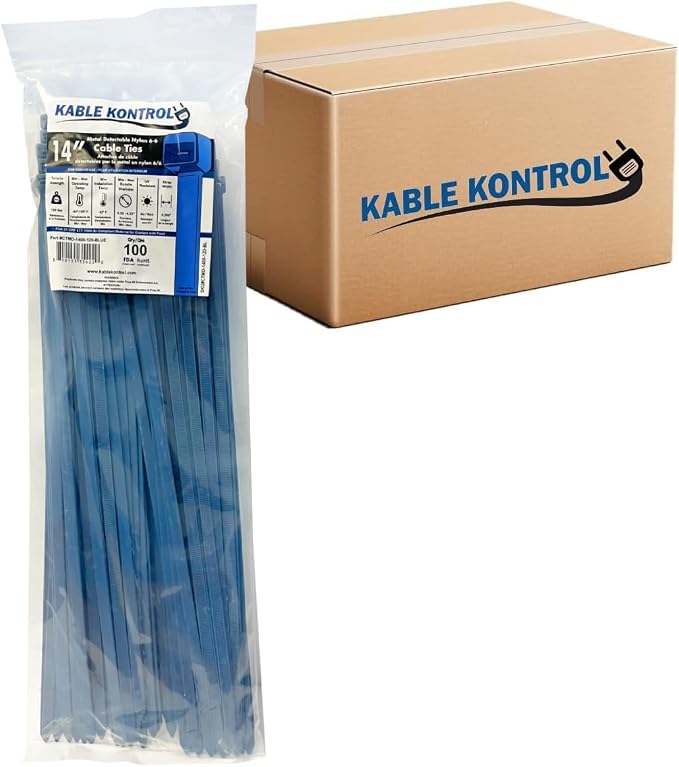 Kable Kontrol Metal Detectable Blue Zip Ties 2500 Pcs 14 Inch, 120 Lbs Test | Iron Infused Cable Ties, Self-Locking, Metal Detector Compatible, Material Complies FDA Standards, Bulk Pack