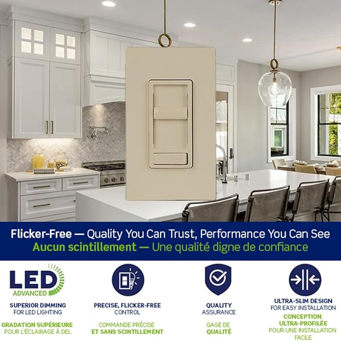 Leviton SureSlide LED Advanced Dimmer Switch for 150W Dimmable LED, Halogen and Incandescent Bulbs and Fixtures, 66741-I, Ivory