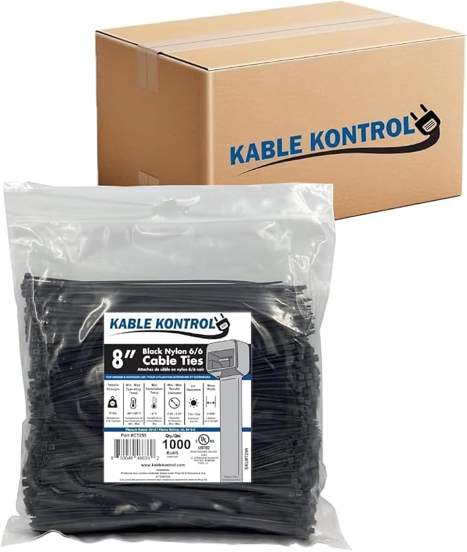 Kable Kontrol Cable Zip Ties, 8 Inch, 25000 Pcs, 18lbs Test, Black | Nylon Plastic, UV-Resistant, Self Locking, UL Listed, Indoor & Outdoor Use