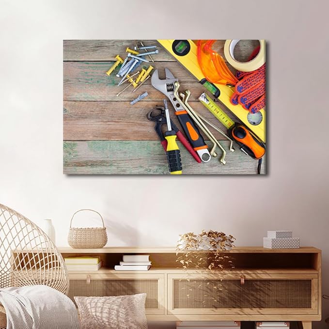 Large Wall Art for Living Room Orange Tool Theme Set of Various Construction Tools on a Wooden Background Top View Poster Canvas Supermarket Hotel Tool Room Hardware Store Wall Decor 1pcs (24"Wx36"H)