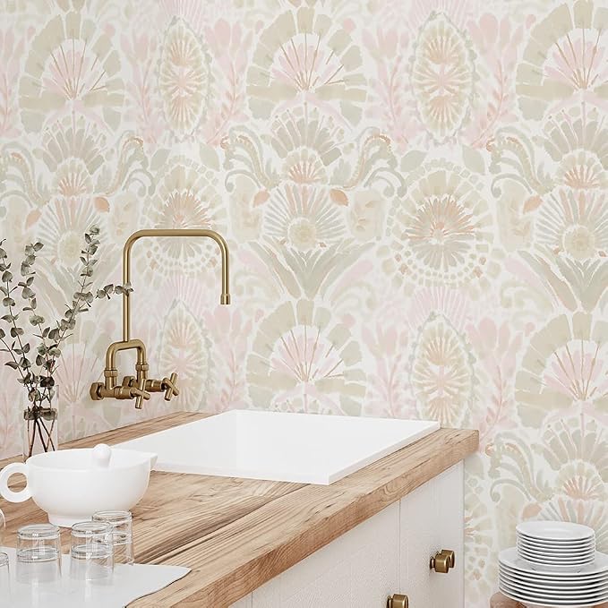 Tempaper Pink Bohemia Damask Removable Peel and Stick Boho Wallpaper, 20.5 in X 16.5 ft, Made in the USA