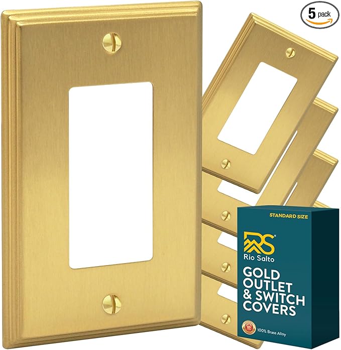Rio Salto BRASS Brushed Gold Metal Rocker Decorator Outlet Covers Light Switch Cover – Deco Collection Decorative Brass Wall Plates 5-Pack Standard Size 2.75" X 4.50"
