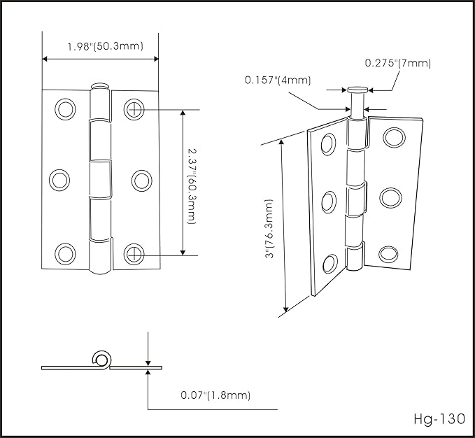 QCAA Narrow Butt Utility Hinge, Thicker, Swaged with Removable Loose Pin for Cabinet Door or Box Hinge, 3"x2"x1.6mm, Black, Made in Taiwan, 12 Pack