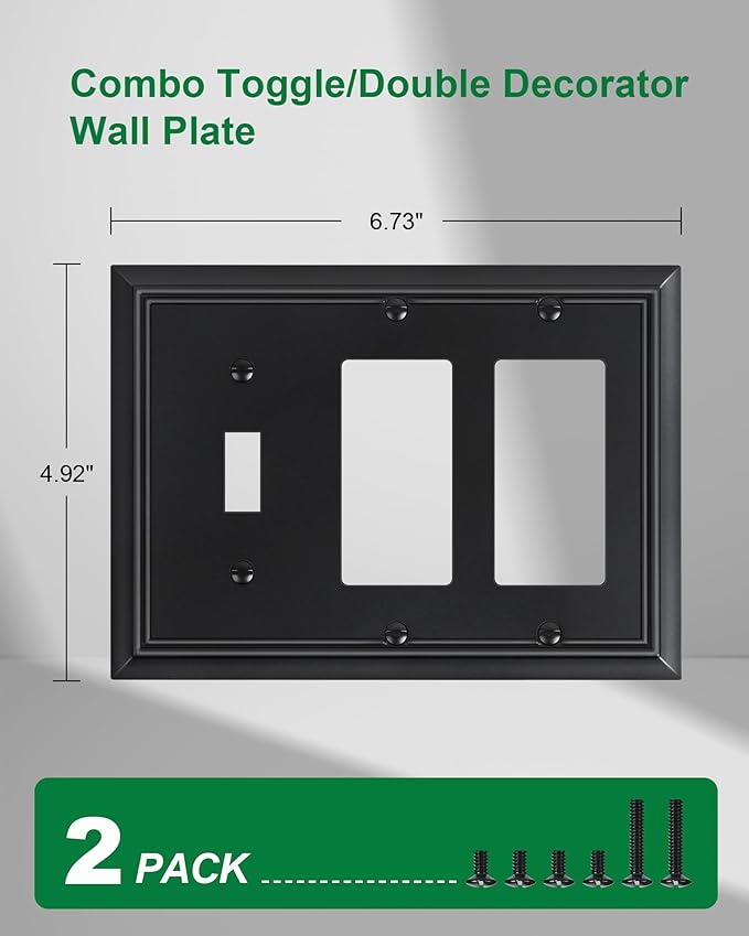 2-Pack Combo Toggle/Double Decorator Outlet Cover Plate, Black Decorative Switch Plates and Outlet Covers, Durable Natural Bamboo Fiber Wall Plates for Electrical Outlets, Receptacle, GFCI Outlet