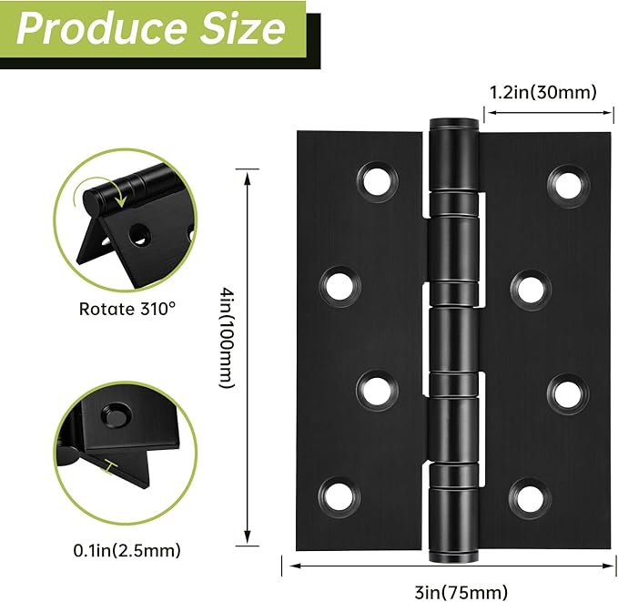 3-Pack Black Door Hinges, 4 Inch Heavy Duty Stainless Steel Hinge for Interior Exterior Doors, Max Loading 150LB, Matte Black Ball Bearing Hinges with Screws, Smooth and Quiet