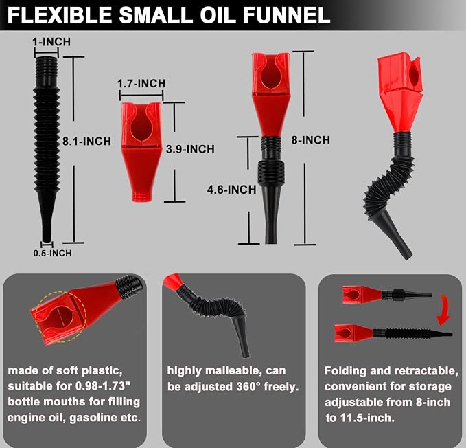 Oil Filter Wrench Set with Small Oil Funnel for Oil Change, 7 Pcs | Universal Oil Filter Removal Tool 2-1/16"-5-1/4", Adjustable Oil Filter Wrench Tool Set, Small Snap-On Oil Funnel